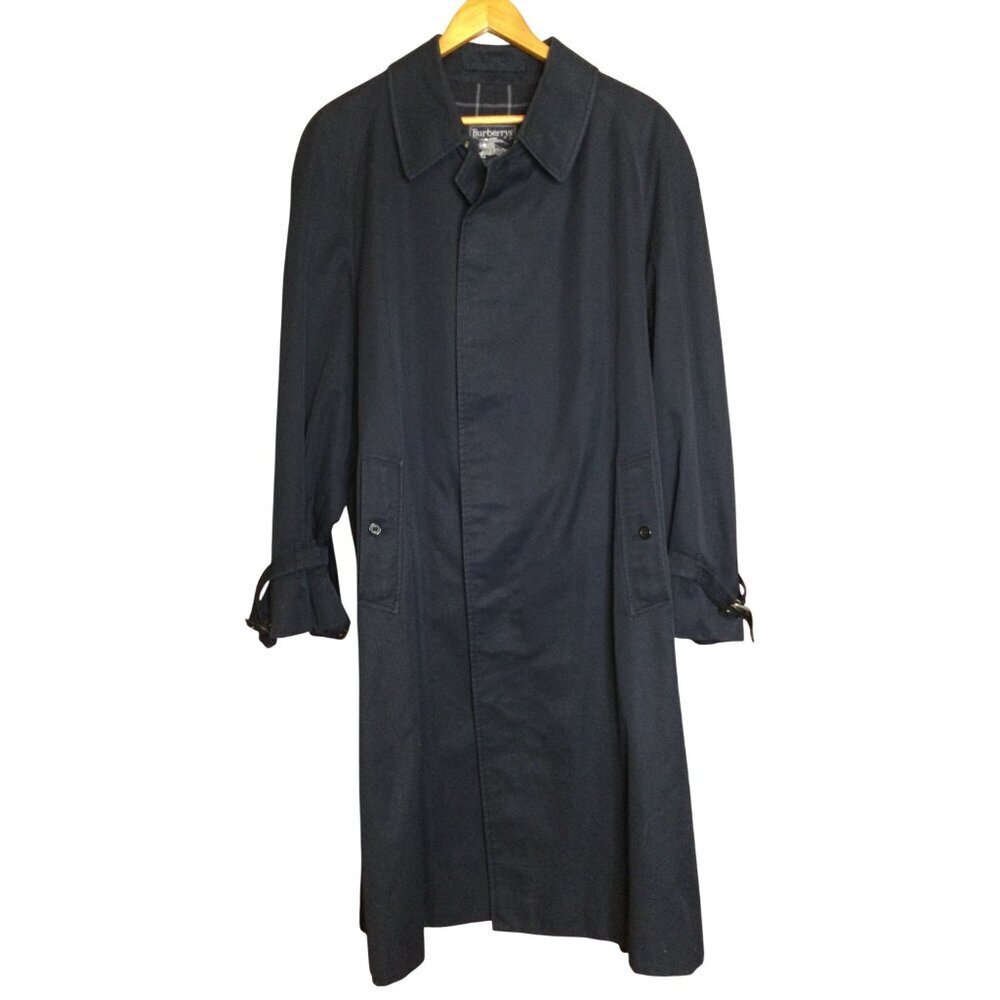 Vintage Burberrys Mens Trench Coat Navy Blue Size 54R Check Lining Burberry